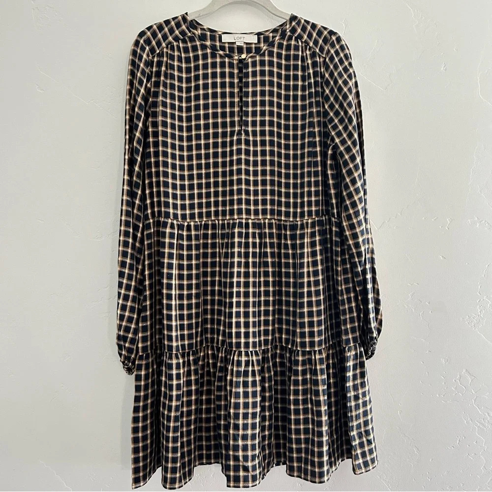 NWOT Loft‎ Navy and Mustard Plaid Tiered Midi Dress Gold Accents SZ Small Fall